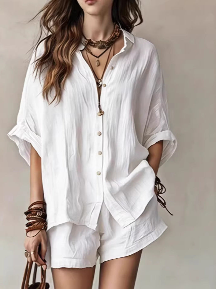 Solid color loose breasted shirt shorts casual set
