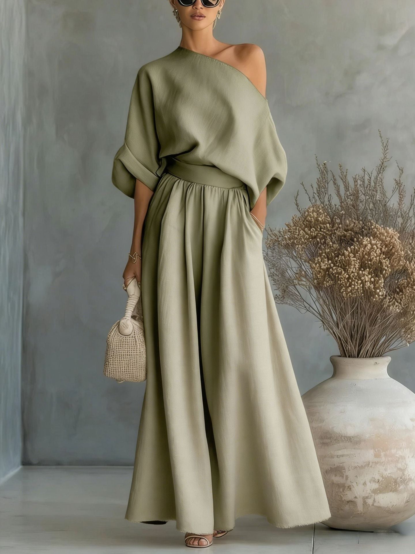 Serena Asymmetrical Shoulder Top and Pants Two-Piece Set