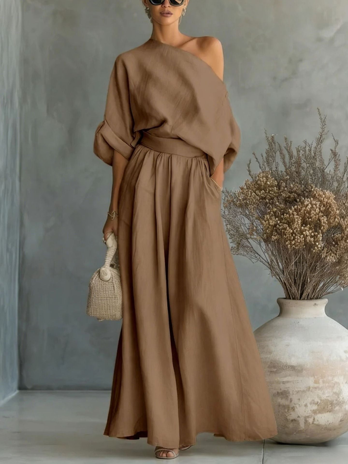 Serena Asymmetrical Shoulder Top and Pants Two-Piece Set