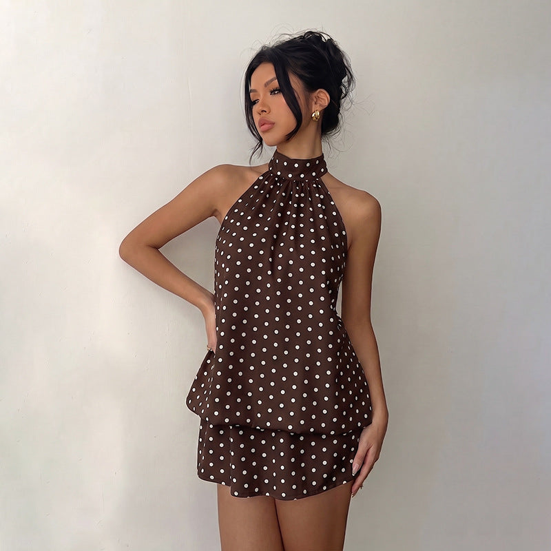 Hanging neck polka dot backless dress