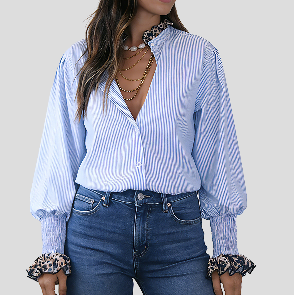 Women's fashionable leopard print lace-trimmed sleeves casual blue and white striped shirt