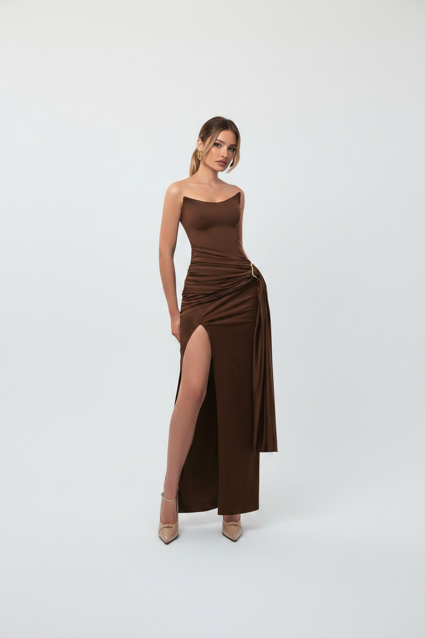 Emilie high Slit Ribbon Boned Strapless Dress