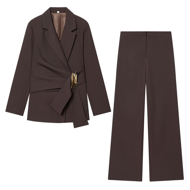 Buckle embellished suit jacket+straight leg pants set