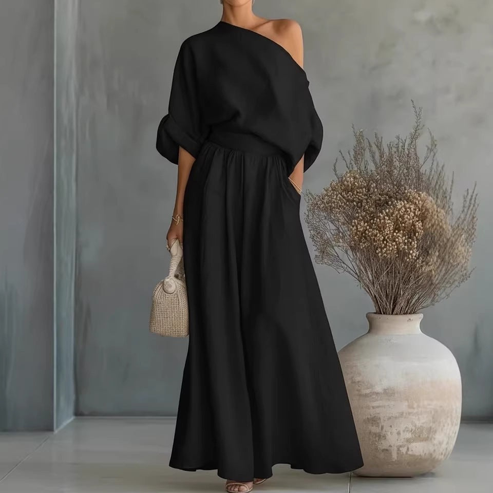 Serena Asymmetrical Shoulder Top and Pants Two-Piece Set
