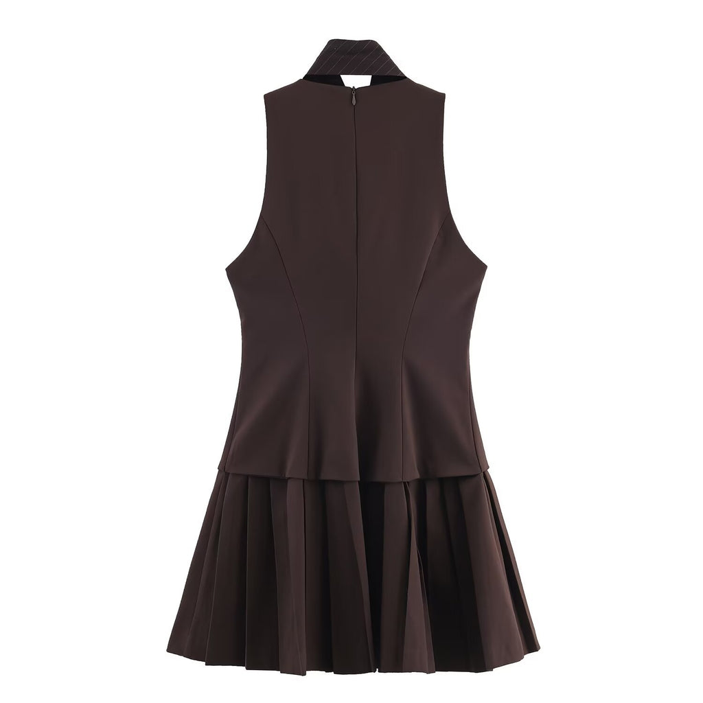 College style wide pleated tie short dress