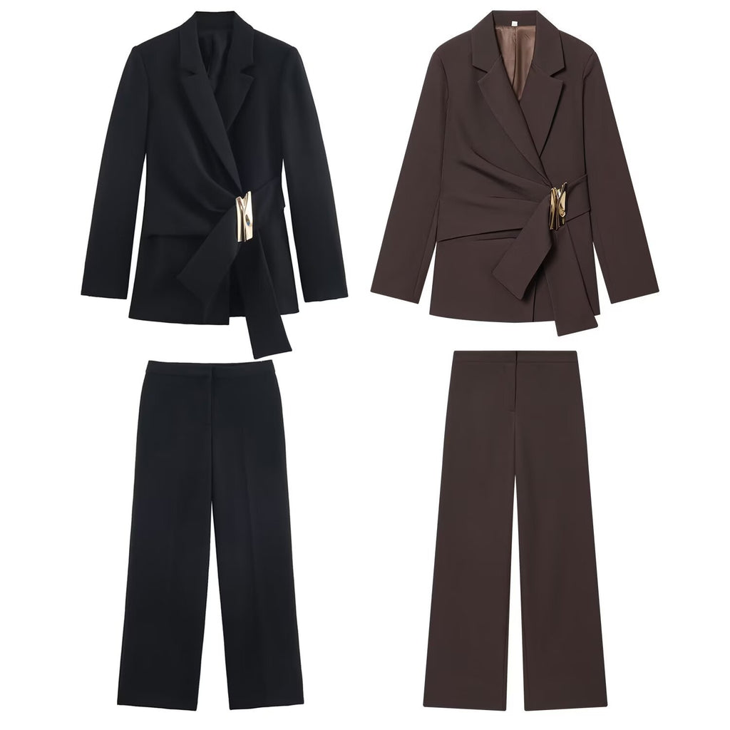 Buckle embellished suit jacket+straight leg pants set