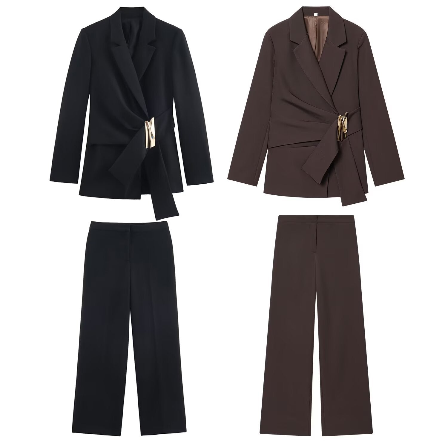 Buckle embellished suit jacket+straight leg pants set