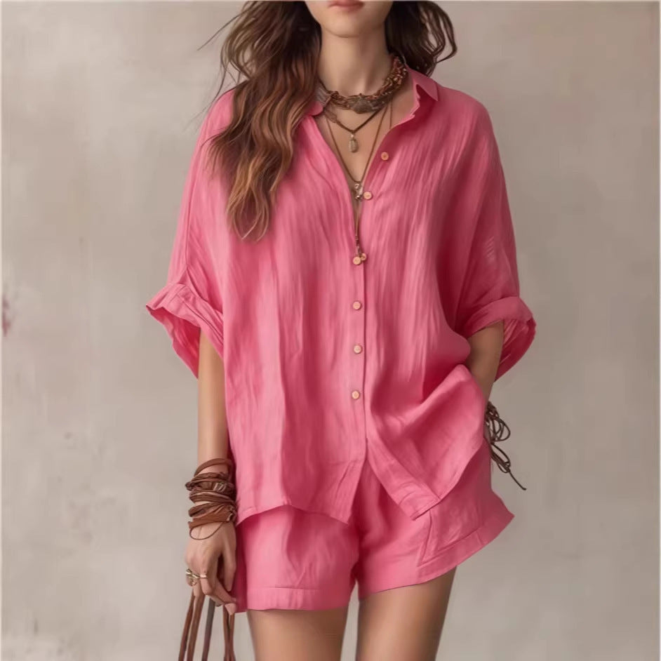 Solid color loose breasted shirt shorts casual set