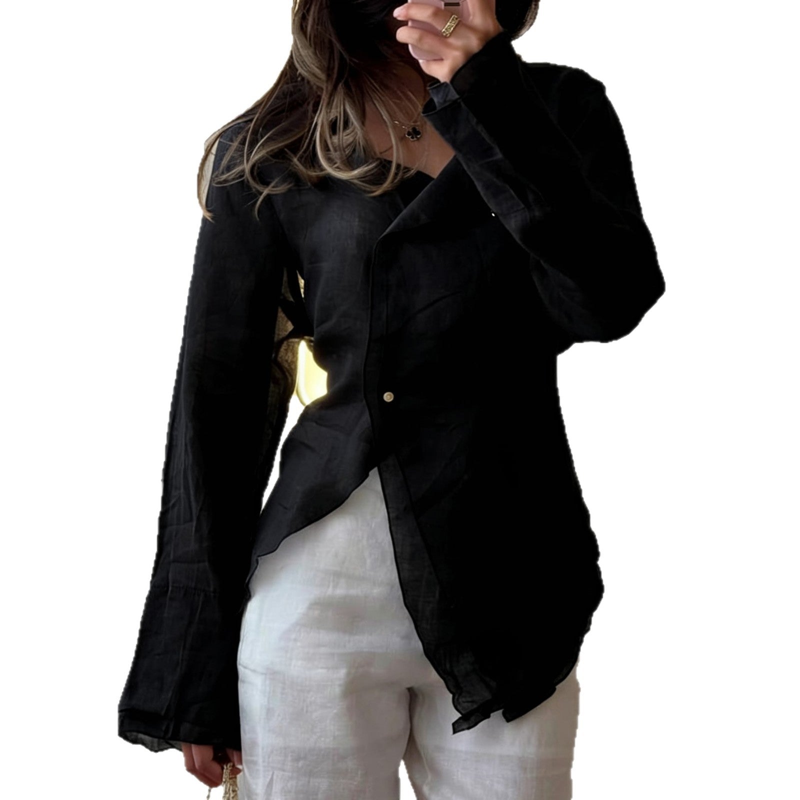 Irregular Long Sleeve V-Neck Casual Shirt for Women