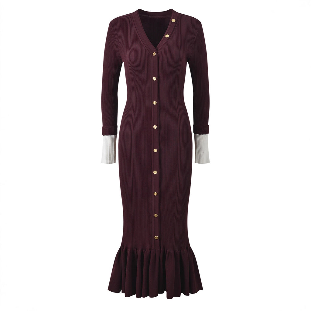 Nella Long Sleeve V-Neck Fish Tail Dress