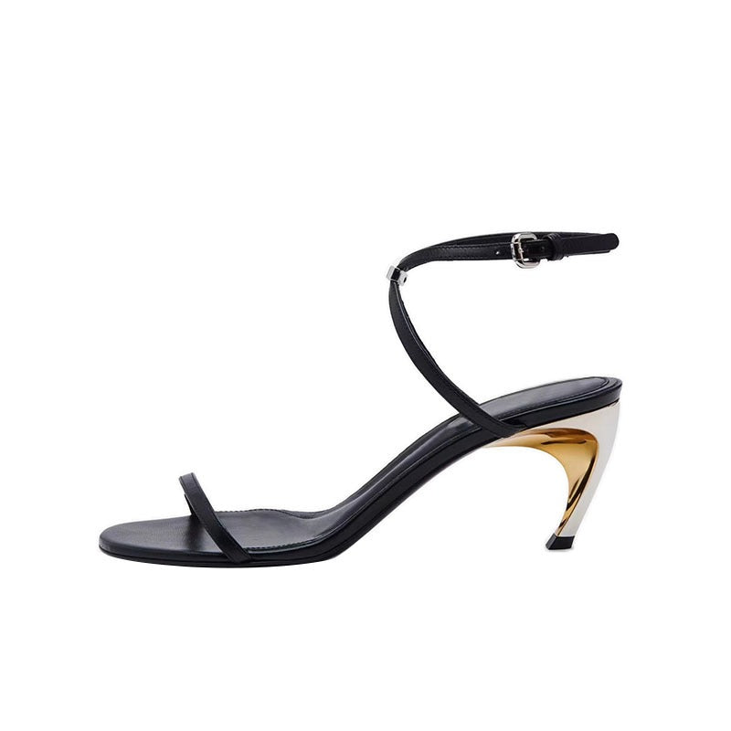 Round toe open toe shaped heel genuine leather sandals