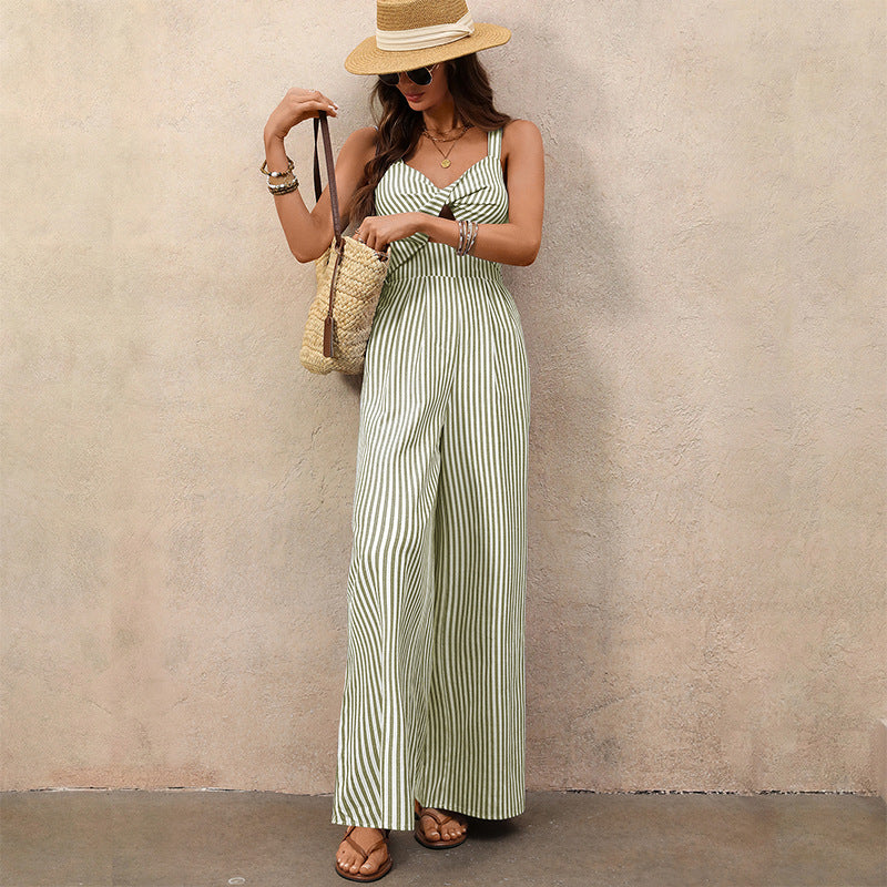 Striped Hollow-Out Knotted Backless Jumpsuit