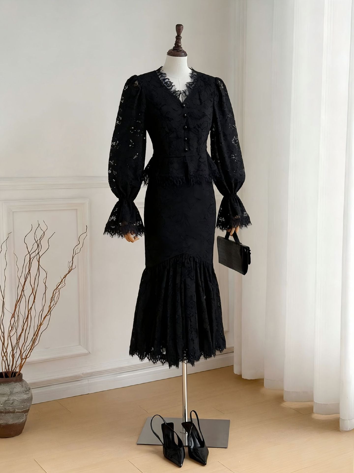 Tailored hip hugging fish tail long skirt+V-neck lace button flared sleeves