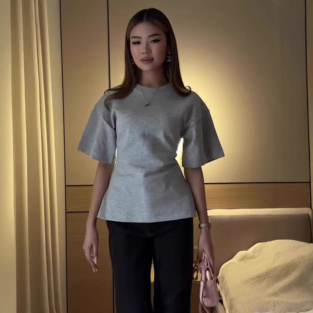 Chic Solid Color Round Neck Casual Fitted Slimming Cotton T-Shirt for Women