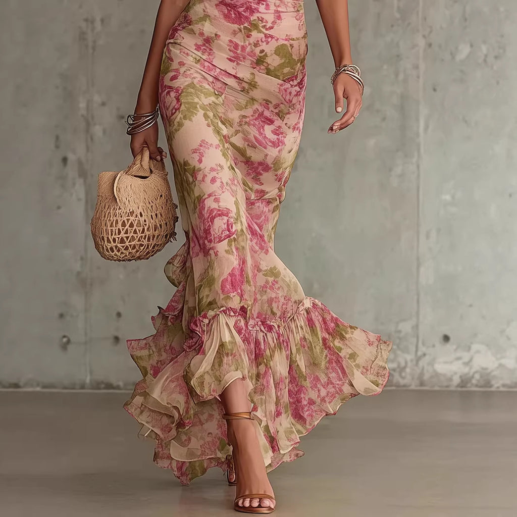 Bubble sleeve printed slim fit long skirt
