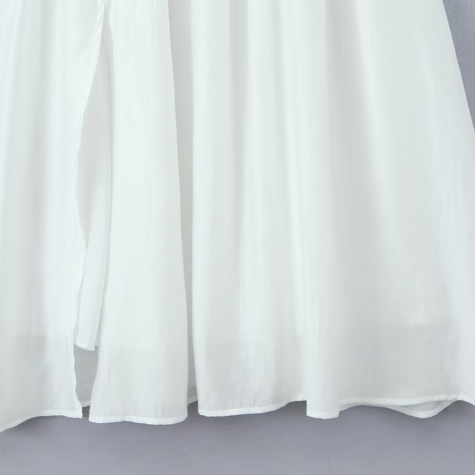 Lisa Waist-Cinching Lace-Trimmed Slit Long Dress