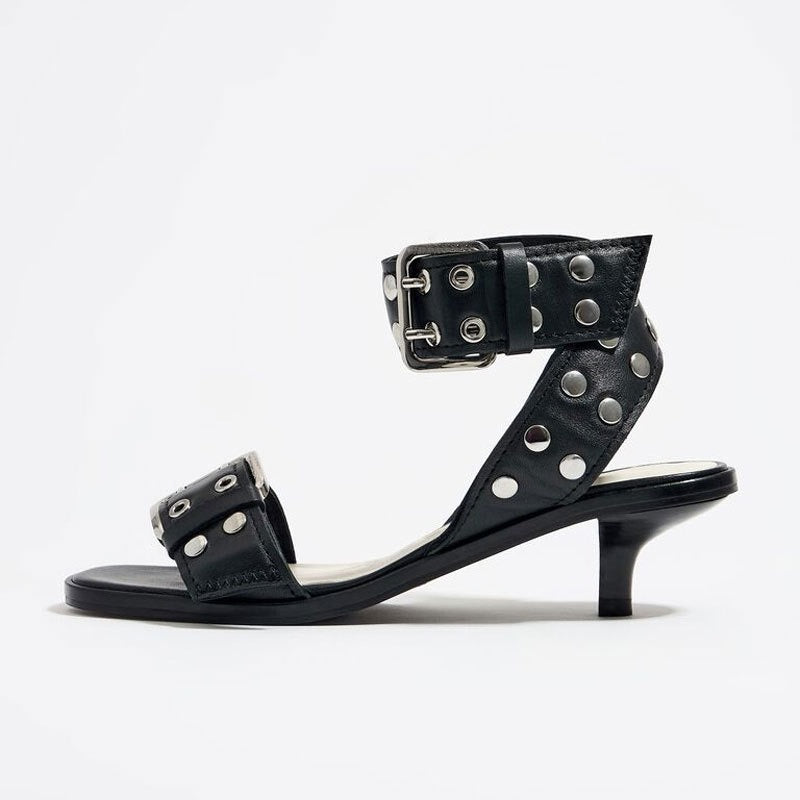 stiletto mid-heel wide rivet strap sandals