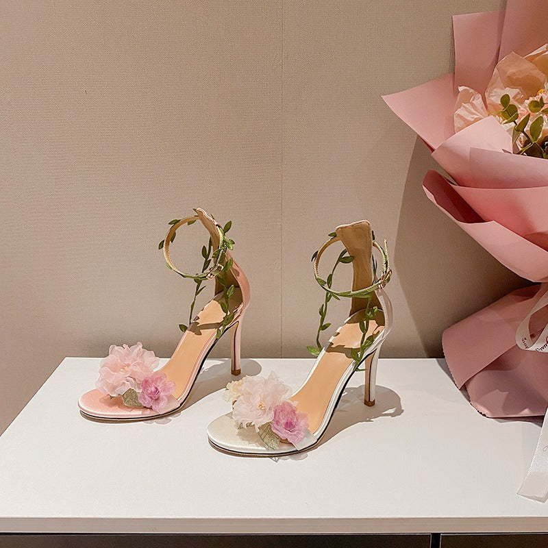 Emily Pink pastoral chiffon flower fantasy high heels one-line vine strap sandals