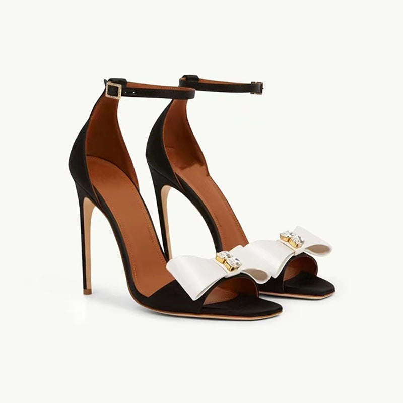 Round Toe Open Toe Slim High Heels Bow Knot Rhinestone Sandals