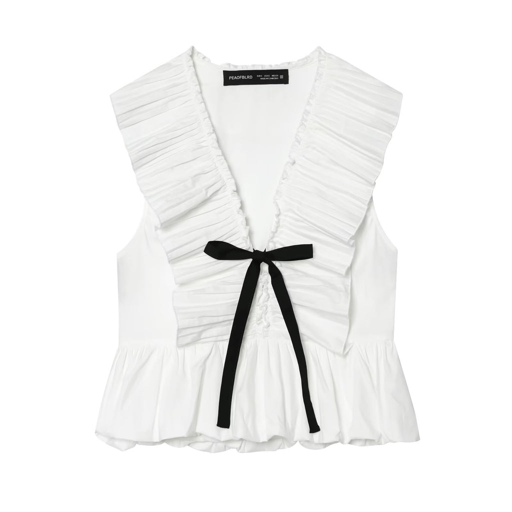 Liya Bow decoration small pleated layered sleeveless top