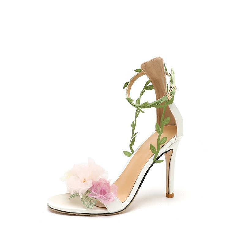 Emily Pink pastoral chiffon flower fantasy high heels one-line vine strap sandals