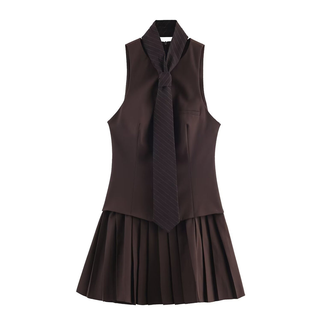 College style wide pleated tie short dress