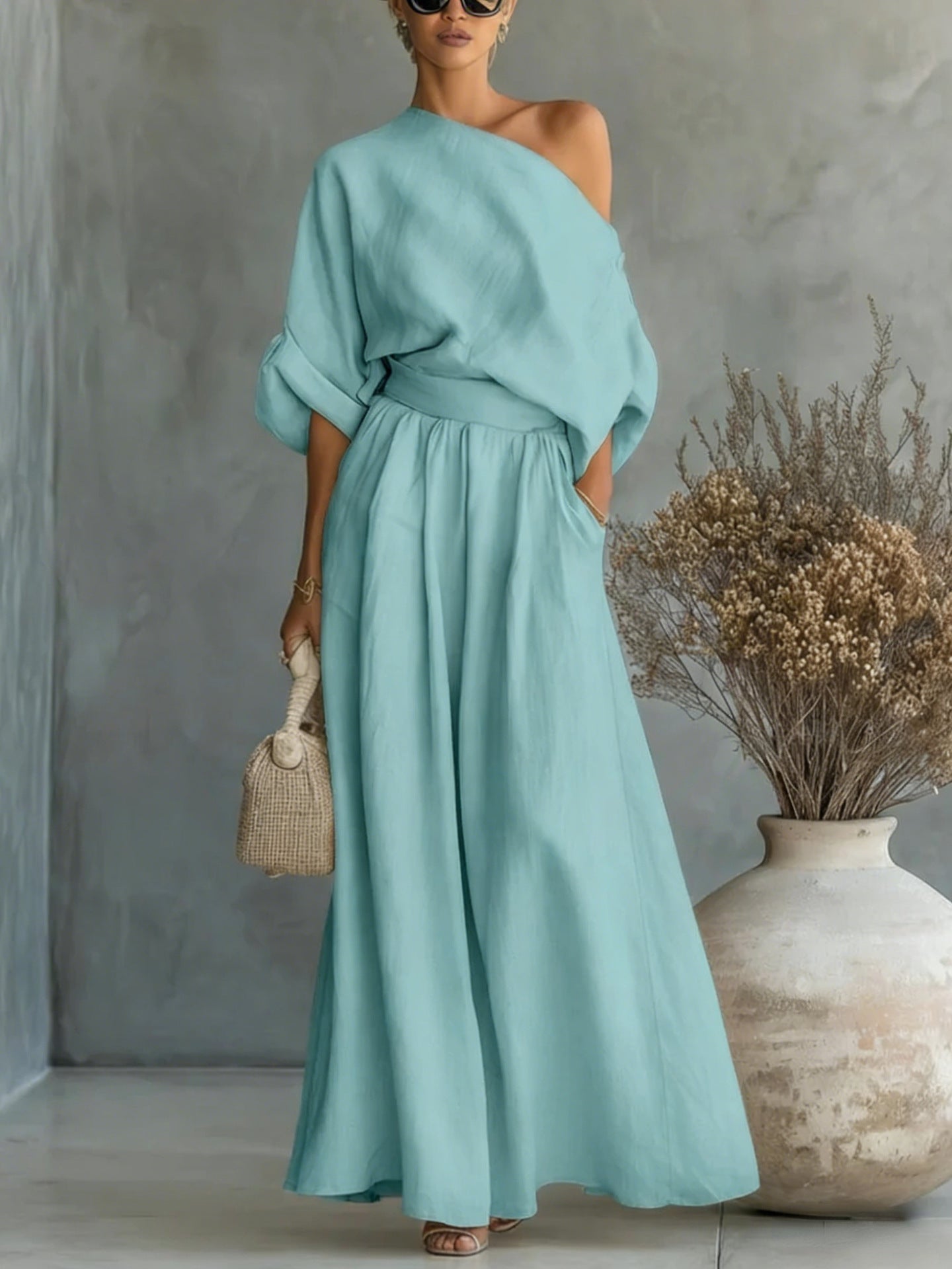 Serena Asymmetrical Shoulder Top and Pants Two-Piece Set