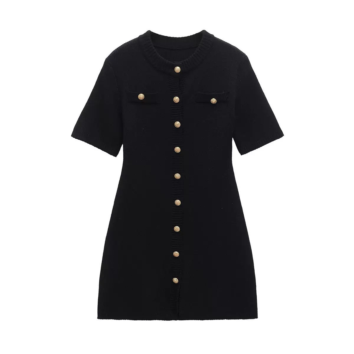 Chic Knit Dress for Women with Metal Buckle, Slim Fit Short Sleeve Waist-CinchingSummer Dress