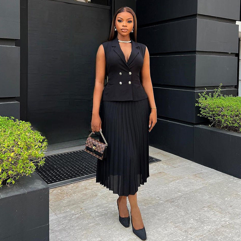 Celine Double breasted vest top pleated skirt set