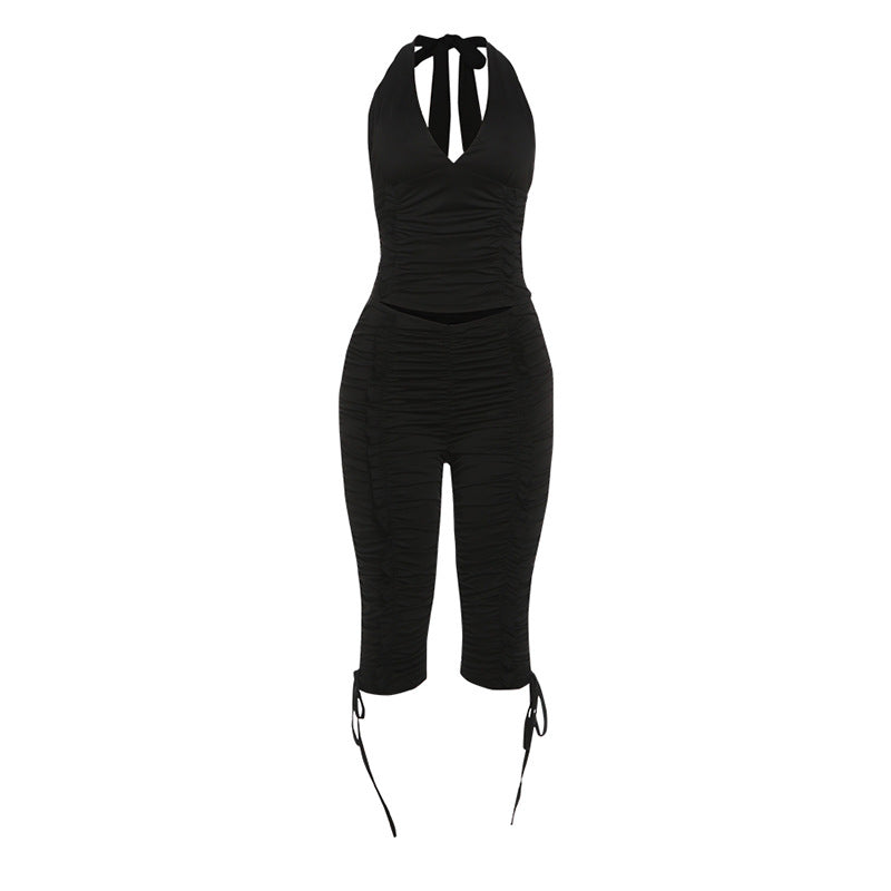 Monica  V-neck halter top with ruched tie, 7/8 pants two-piece set