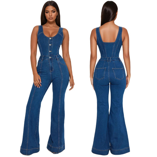 "Daisy Dream" Button-Front Strap Denim Jumpsuit