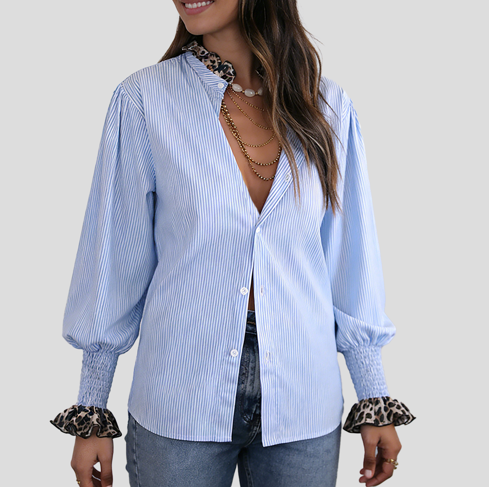Women's fashionable leopard print lace-trimmed sleeves casual blue and white striped shirt