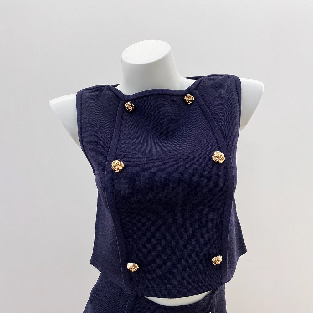 Chic Rose Gold Buckle Loose Noble Lady Style Vest Top + Skirt Set