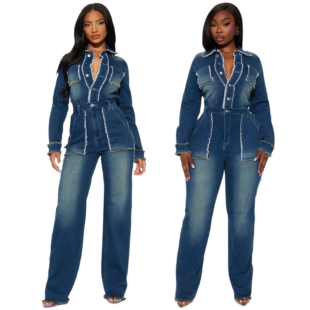 Slim fit elastic trumpet long sleeved denim jumpsuit