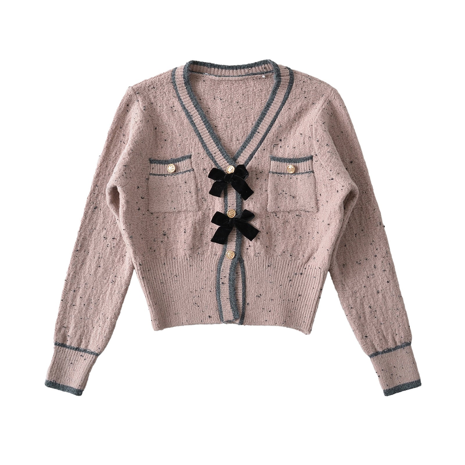 Slim fit color blocked ribbon bow V-neck long sleeved sweater