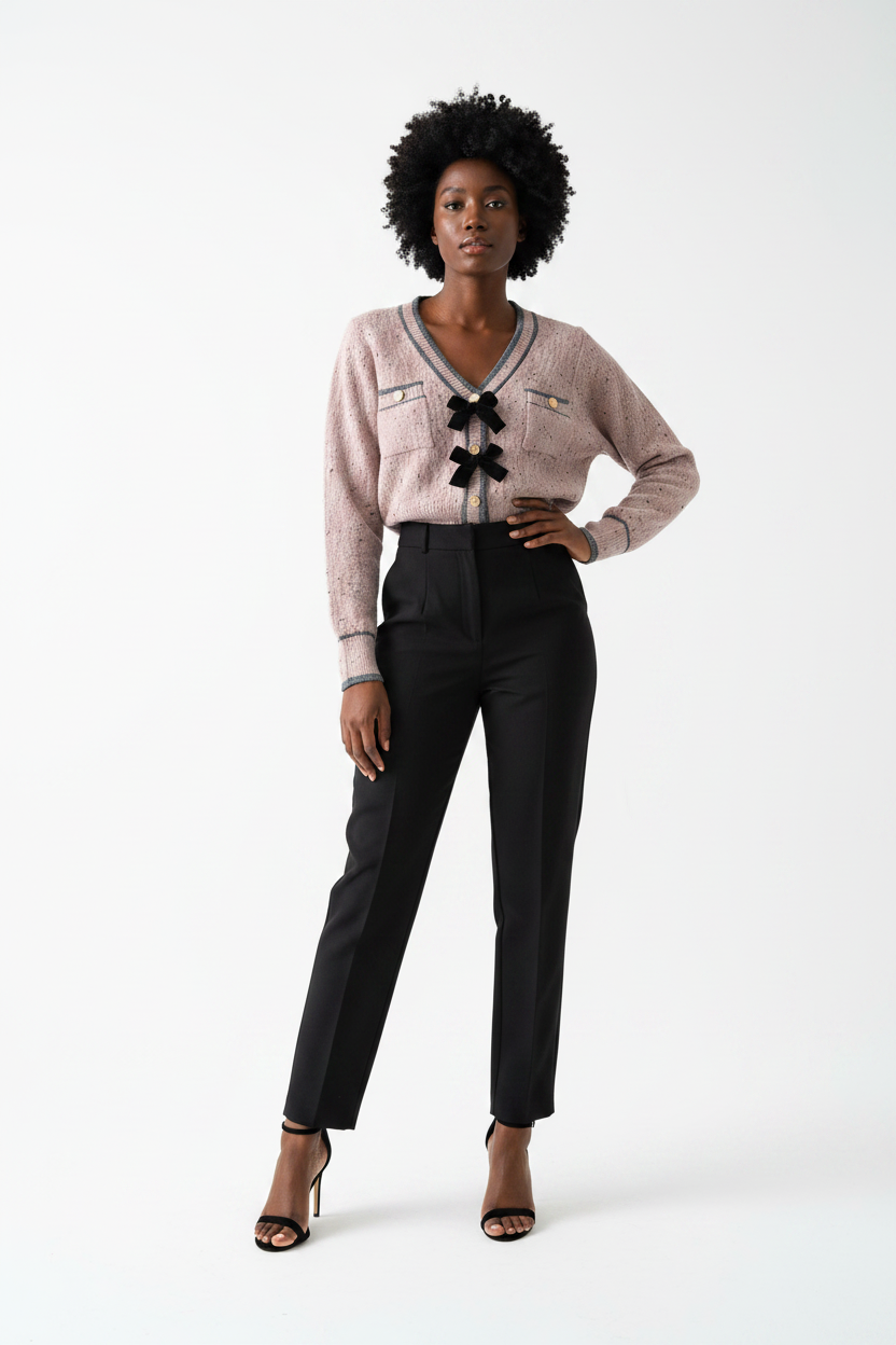 Dora ribbon bow V-neck long sleeved sweater