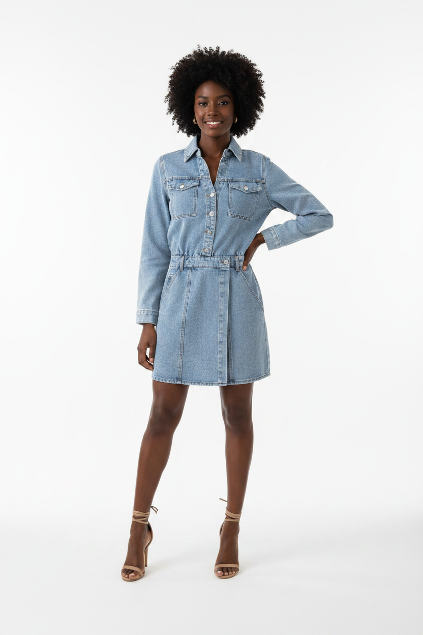 Street long sleeved lapel denim short dress