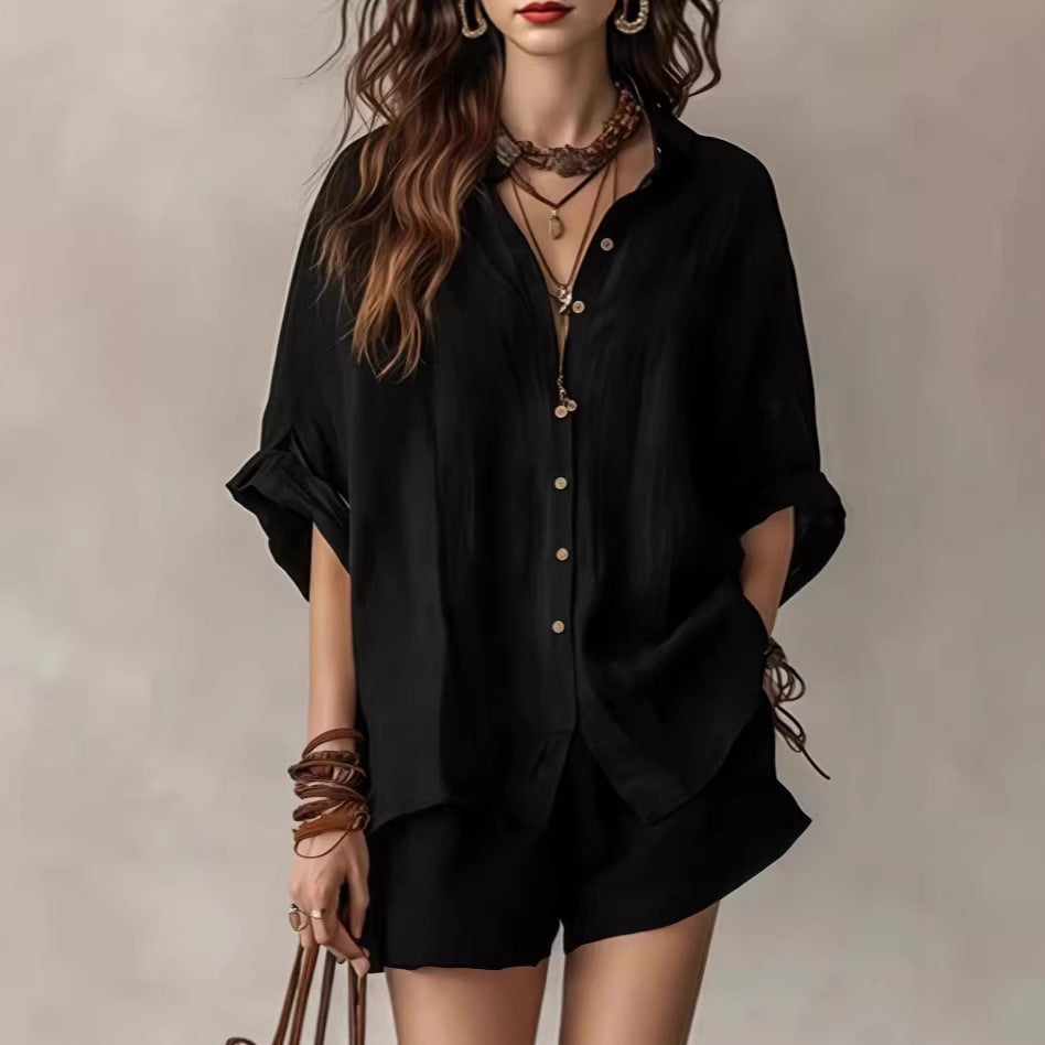 Solid color loose breasted shirt shorts casual set