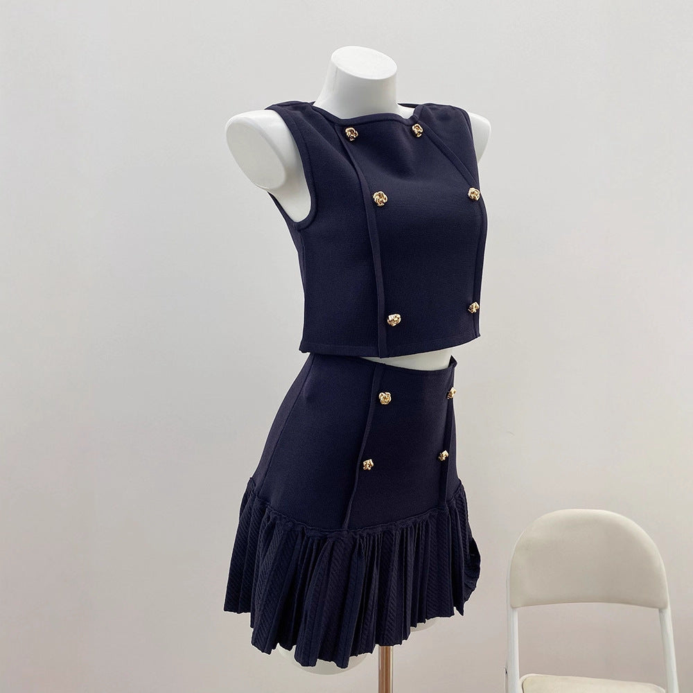 Chic Rose Gold Buckle Loose Noble Lady Style Vest Top + Skirt Set