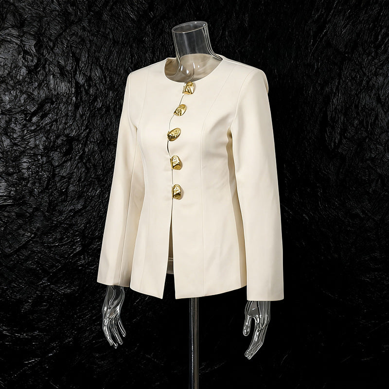 Round neck single row metal buckle short top+micro flared pants two-piece set