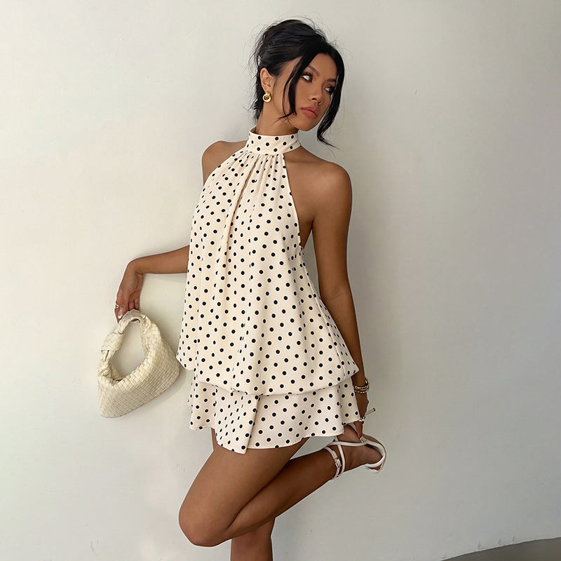 Hanging neck polka dot backless dress