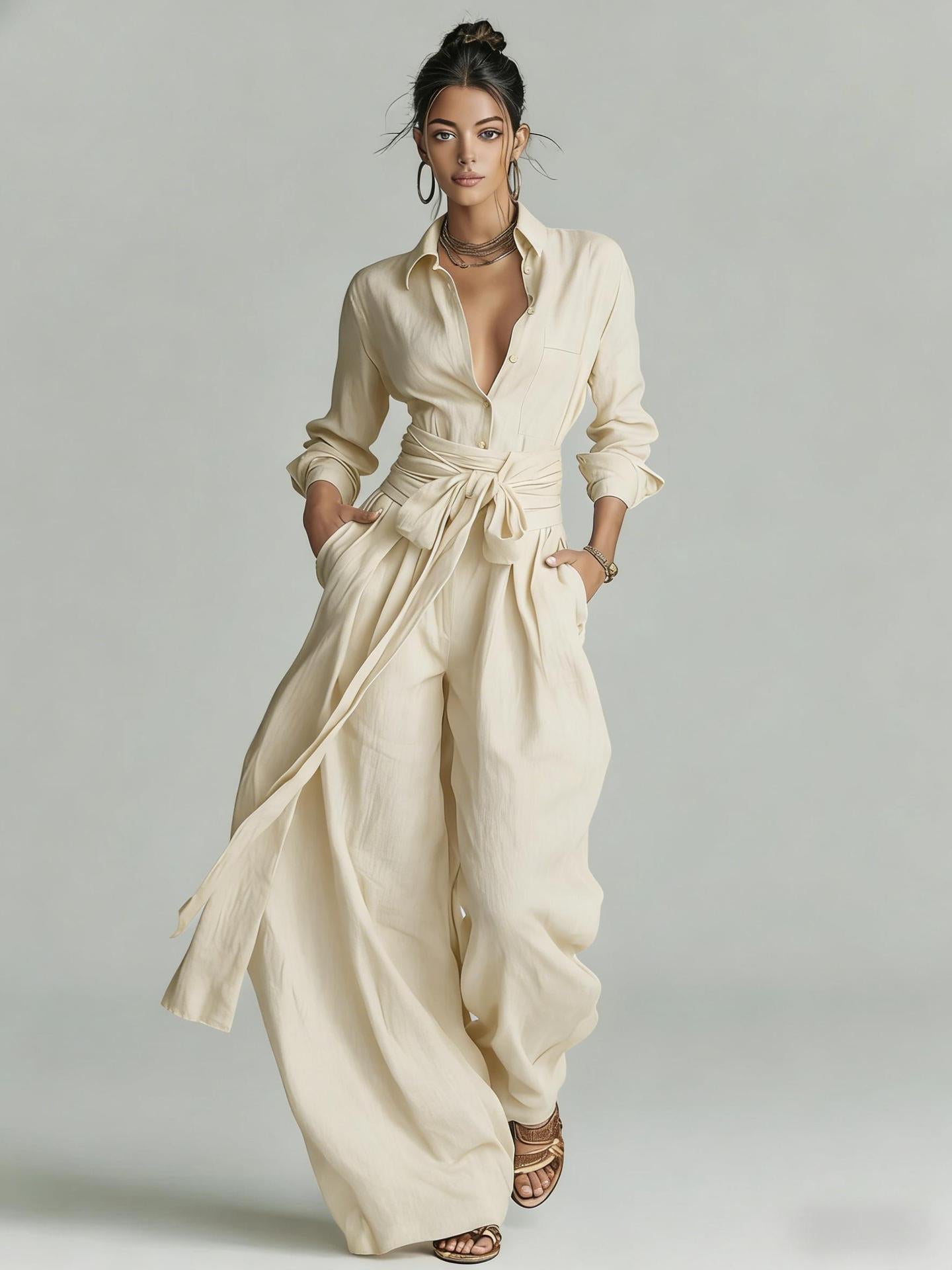 Solid color collar top high waisted pants two-piece set