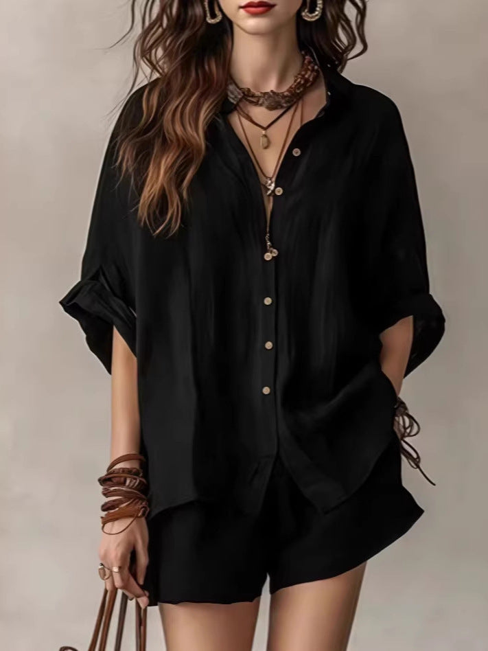 Solid color loose breasted shirt shorts casual set