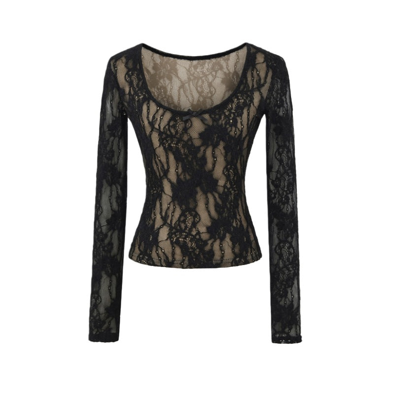 Lace Bow Embroidered Long Sleeve T-Shirt for Women