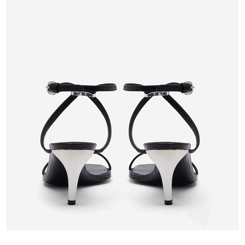 Round toe open toe shaped heel genuine leather sandals