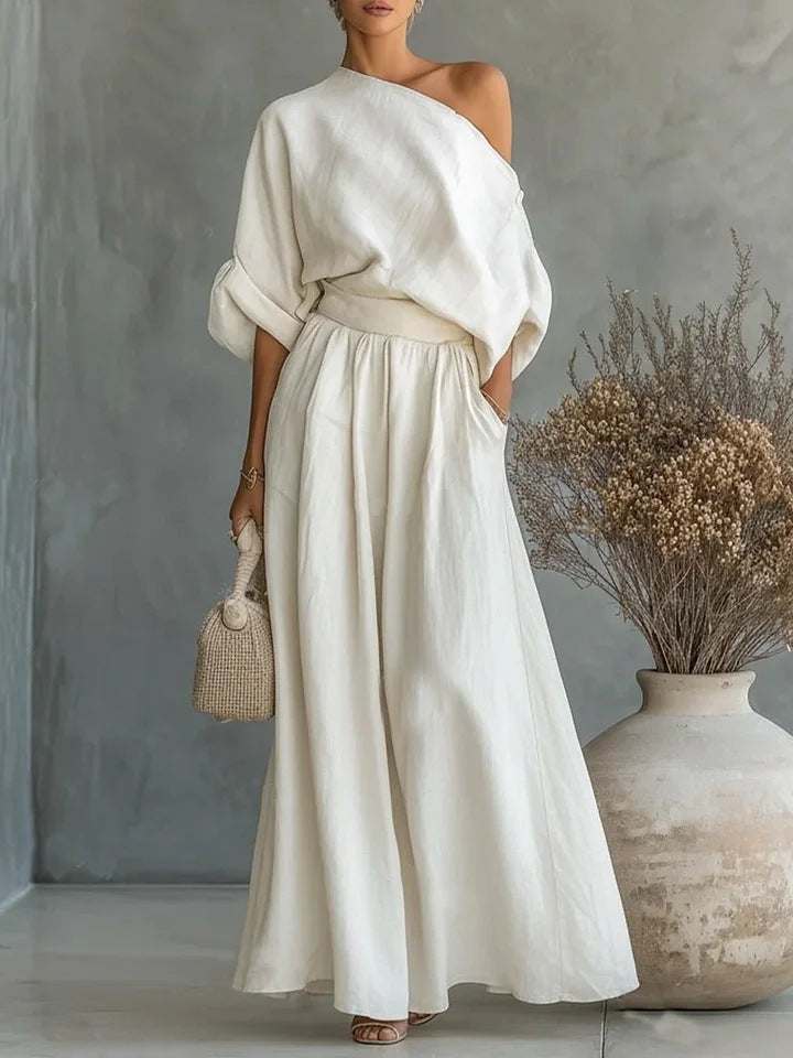 Serena Asymmetrical Shoulder Top and Pants Two-Piece Set