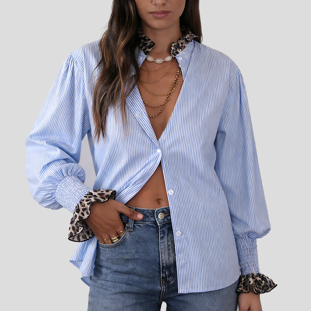 Women's fashionable leopard print lace-trimmed sleeves casual blue and white striped shirt