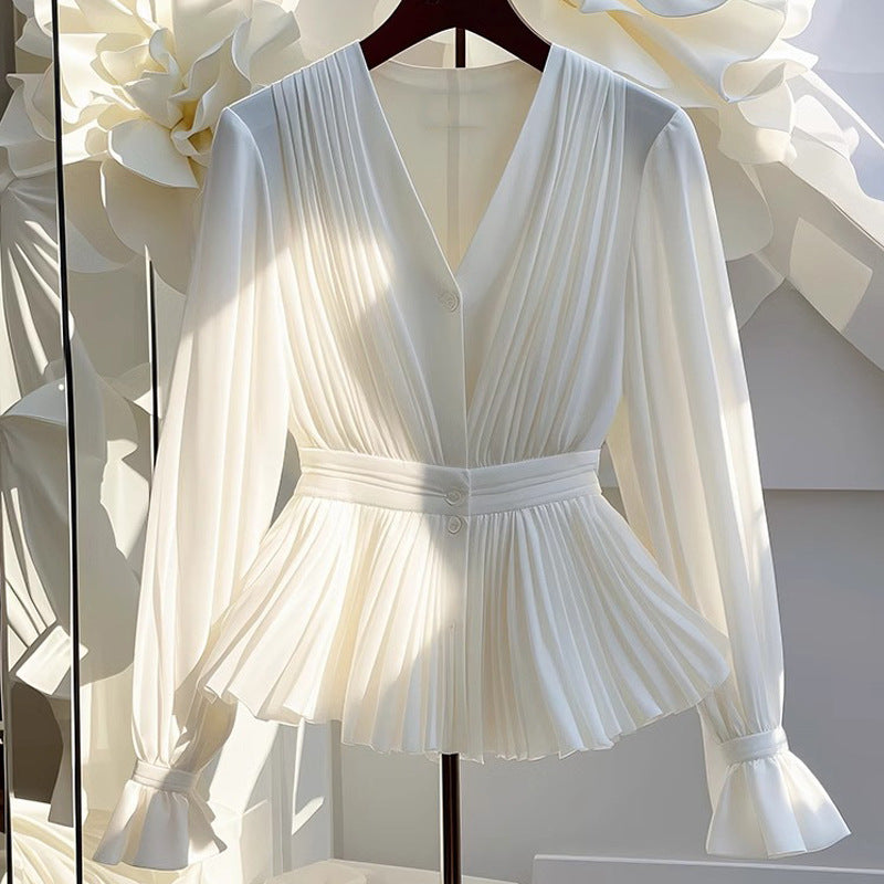 French Style V-Neck Long Sleeve Top Women's Elegant White Shirt Minimalist Luxury Design