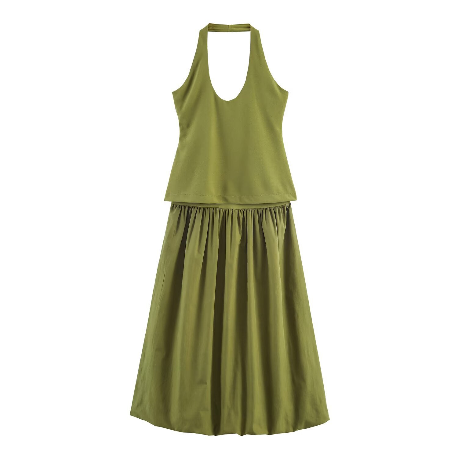 Sage Green Halter Midi Dress with Balloon Hem