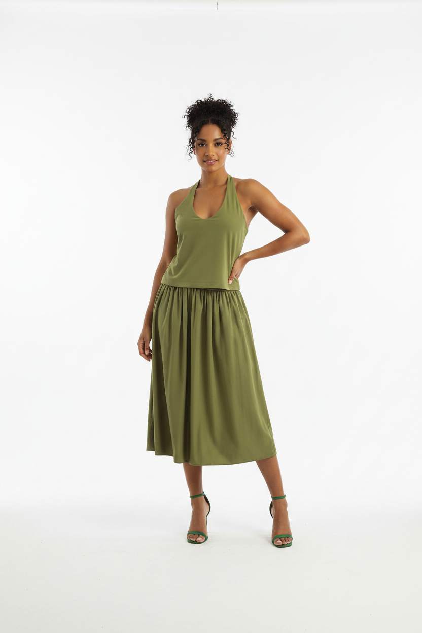 Sage Green Halter Midi Dress with Balloon Hem